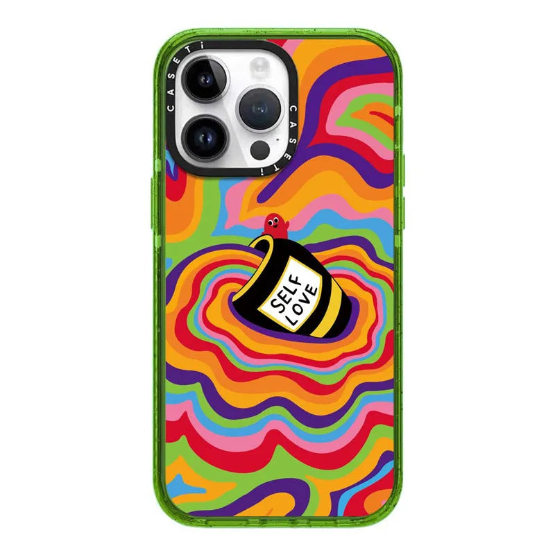 Green hard PC glitter acrylic phone case with love yourself more graphic for iPhone 13