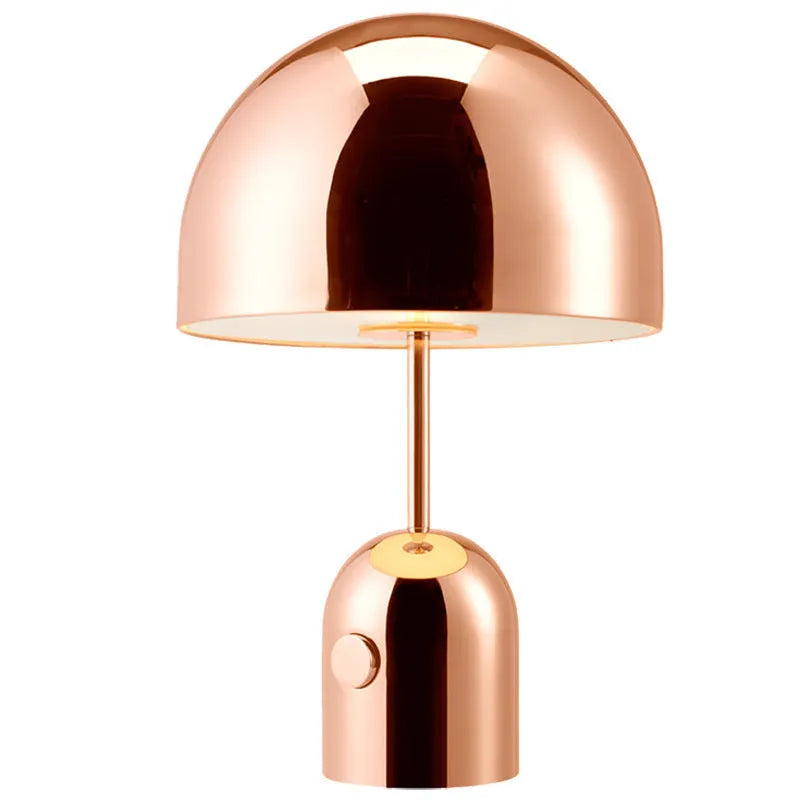 Mushroom-shaped table lamp in rose gold finish with a metal base, measuring 280mm wide.