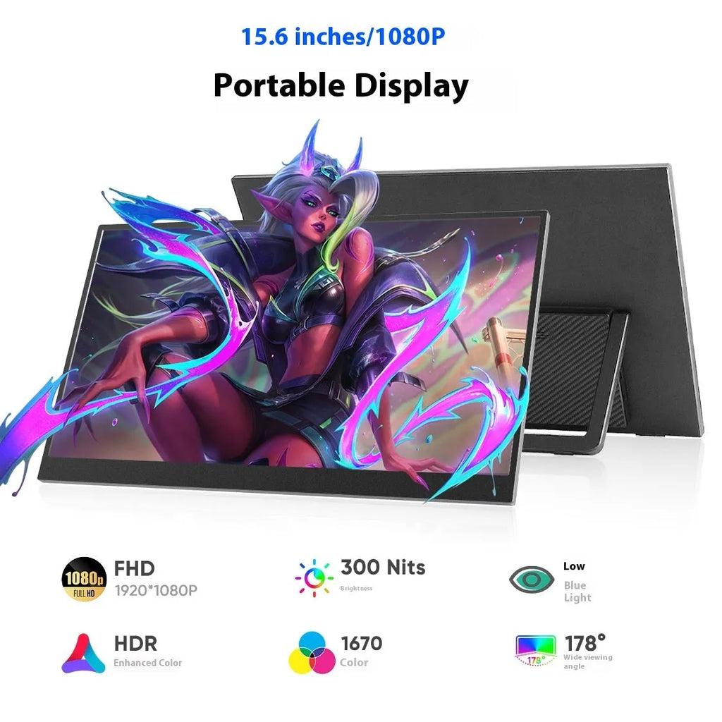 Black 15.6-inch portable IPS monitor on its adjustable stand, showing a desktop application.
