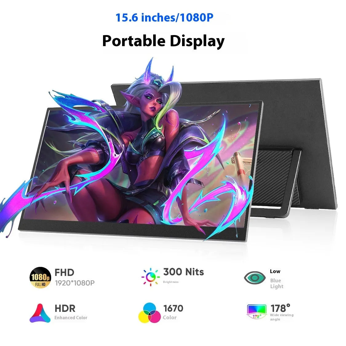 Black 15.6-inch portable IPS monitor on its adjustable stand, showing a desktop application.