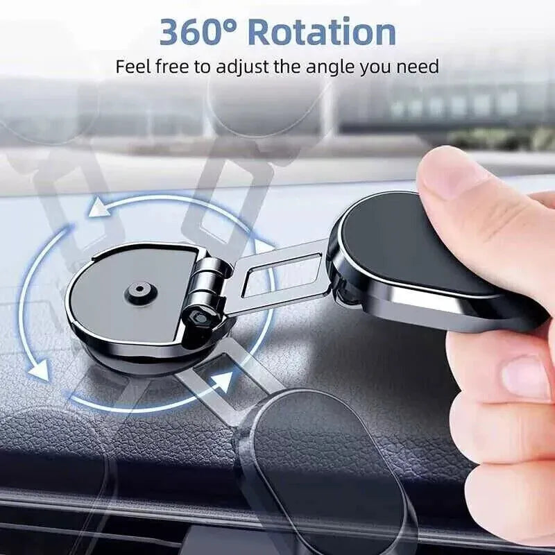 Chrome magnetic car phone holder with foldable bracket in extended and collapsed positions