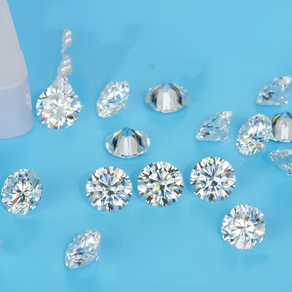 Round moissanite gem stone with eight hearts and eight arrows faceting on dark background