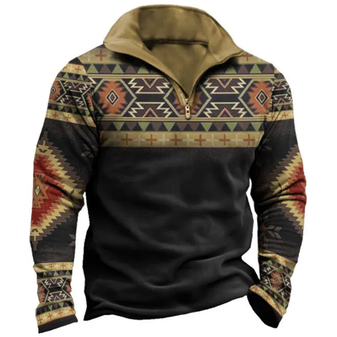 Men's retro print golf T-shirt with stripe pattern and zip details in loose fit