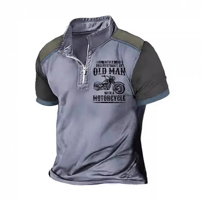 Men's casual short sleeve polo shirt with lapel, digital letter printing, and zipper decoration details.