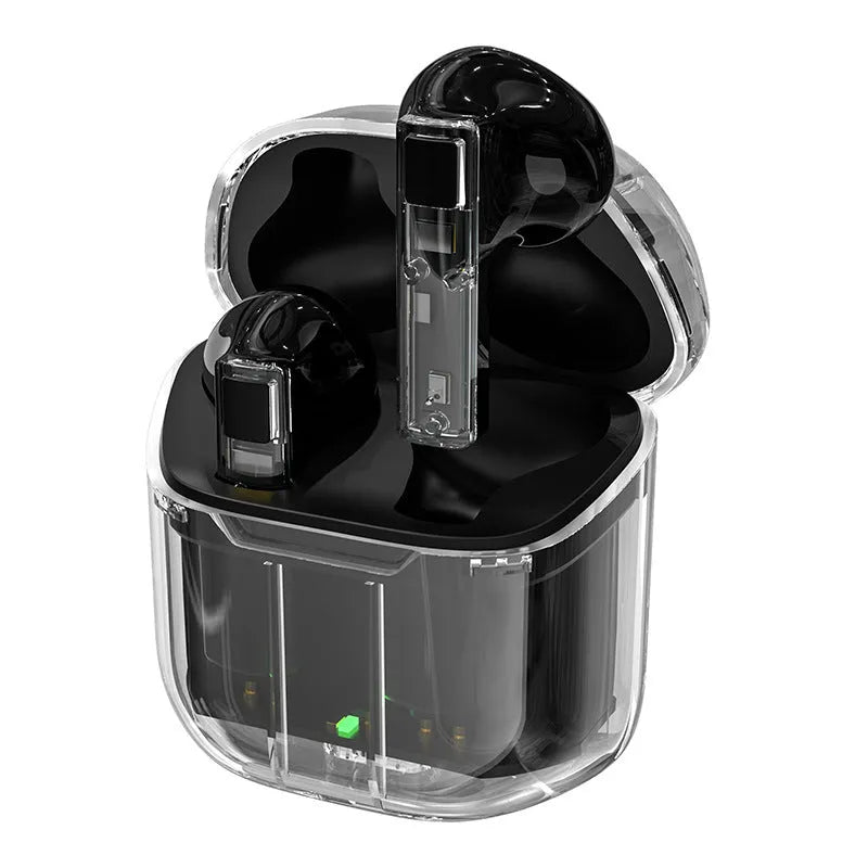 YX06 transparent TWS wireless earbuds in black, green, orange, and white colours with charging case.