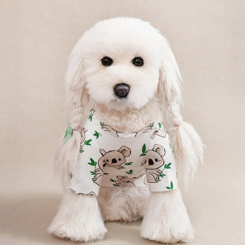 Casual printed dog t-shirt in multiple colours, shown with a sizing chart for small dogs.