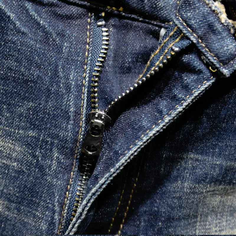 Men's slim straight stretch jeans in blue, mid waist, zip fly, red ear denim, sizes 28-38