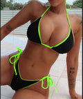 Women's lace-up triangle bikini top with matching split-leg bottoms in polyester fabric