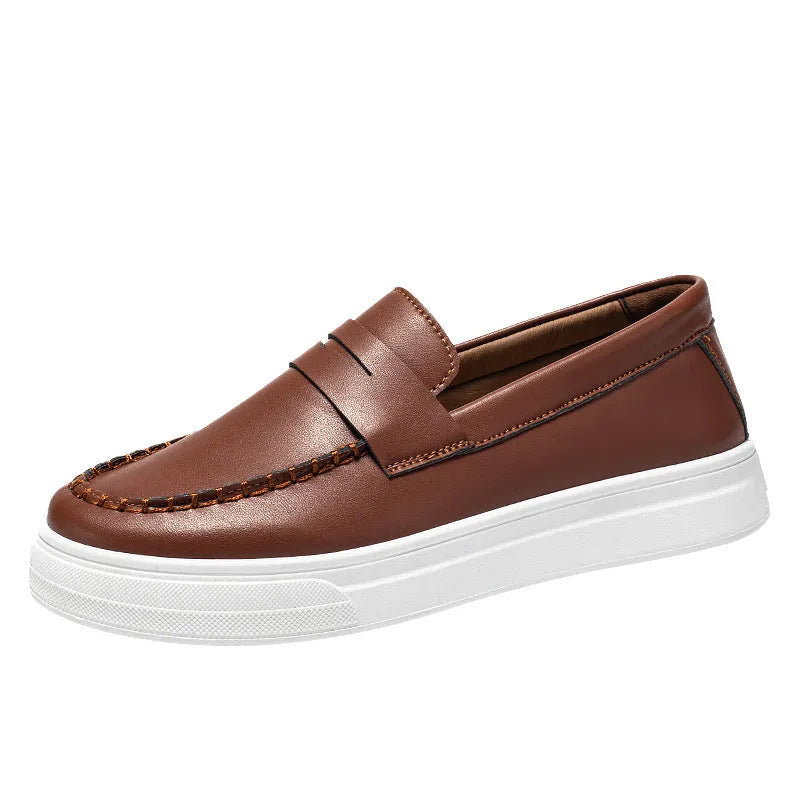 Men's round toe casual shoes in white, black and white, and khaki colours, showing the PU leather upper and oversleeve design.