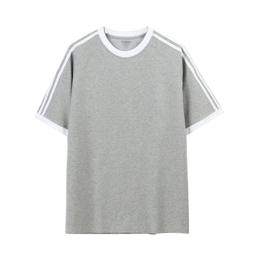 Unisex ice silk cotton stripes five-point top in loose fit, available in multiple colours and sizes S to 2XL
