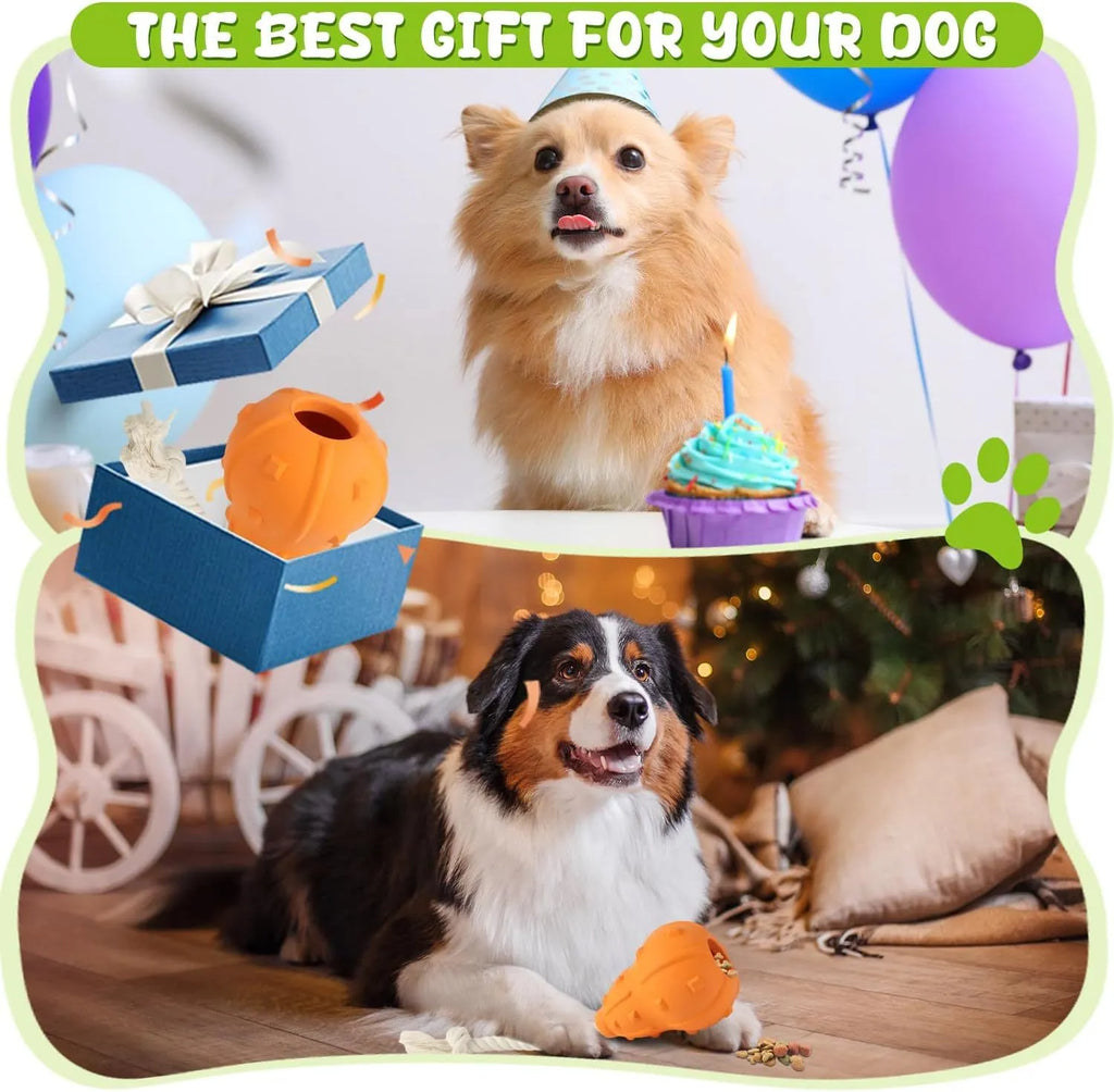 Natural rubber stuffable dog toy for small medium breeds with longer strap for fetch and treat dispensing