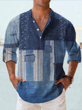 Man wearing a thin, striped long sleeve Hawaiian-style casual shirt in lilac.