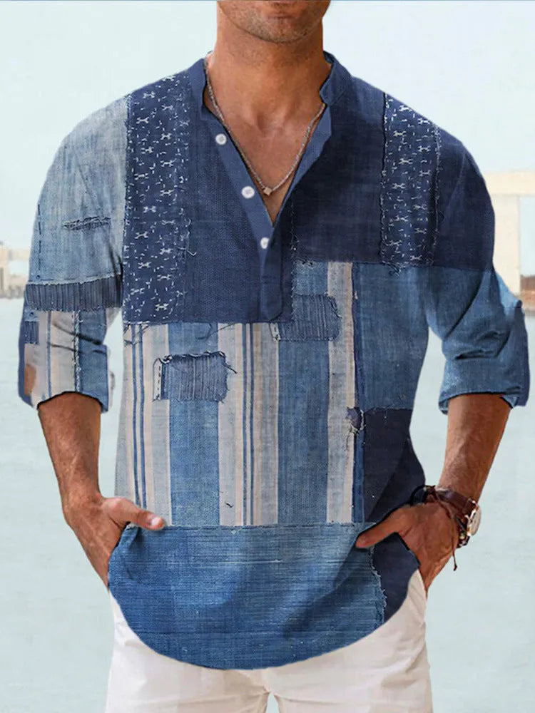 Man wearing a thin, striped long sleeve Hawaiian-style casual shirt in lilac.