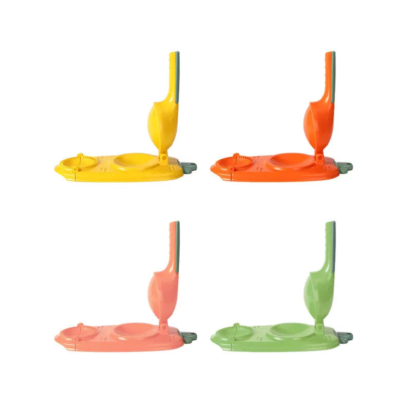 Orange and white manual dumpling skin press tool with ergonomic handle and hanging hole