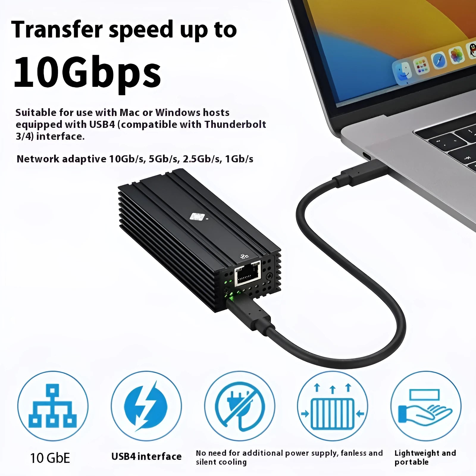 Black Leyu USB4 to RJ45 10 Gigabit network adapter with 20cm cable