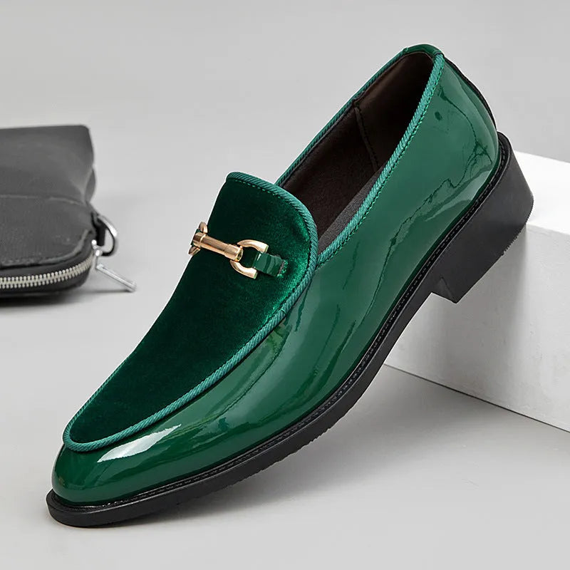 Patent leather shiny wedge heel shoes oversleeve design black green sky blue rubber sole unisex