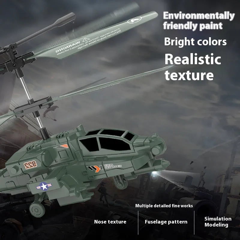 Army green Apache remote control helicopter with gyroscope, anti-fall design, cool light, plastic body, under 30cm