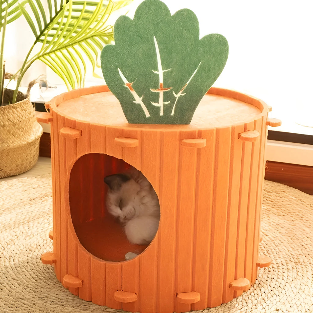 Soft felt cat tunnel bed in semi-enclosed design showing interior space