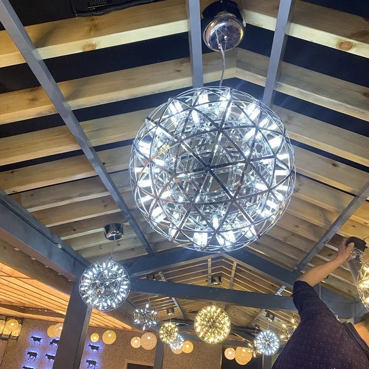 Nordic ceiling lamp for commercial atrium, chrome or gold lamp body, 200mm diameter, 12 or 18 beads