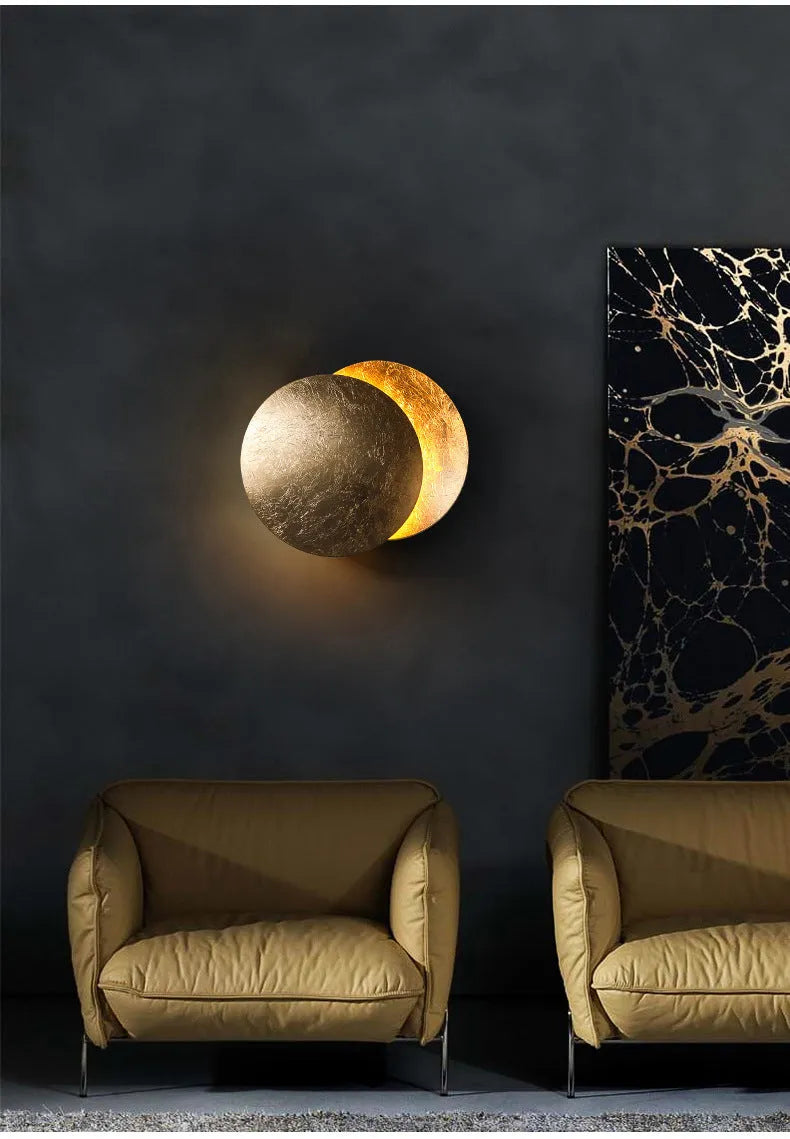 Modern minimalist aluminium bedside lamp in golden or black and gold finish, 20cm or 25cm diameter options