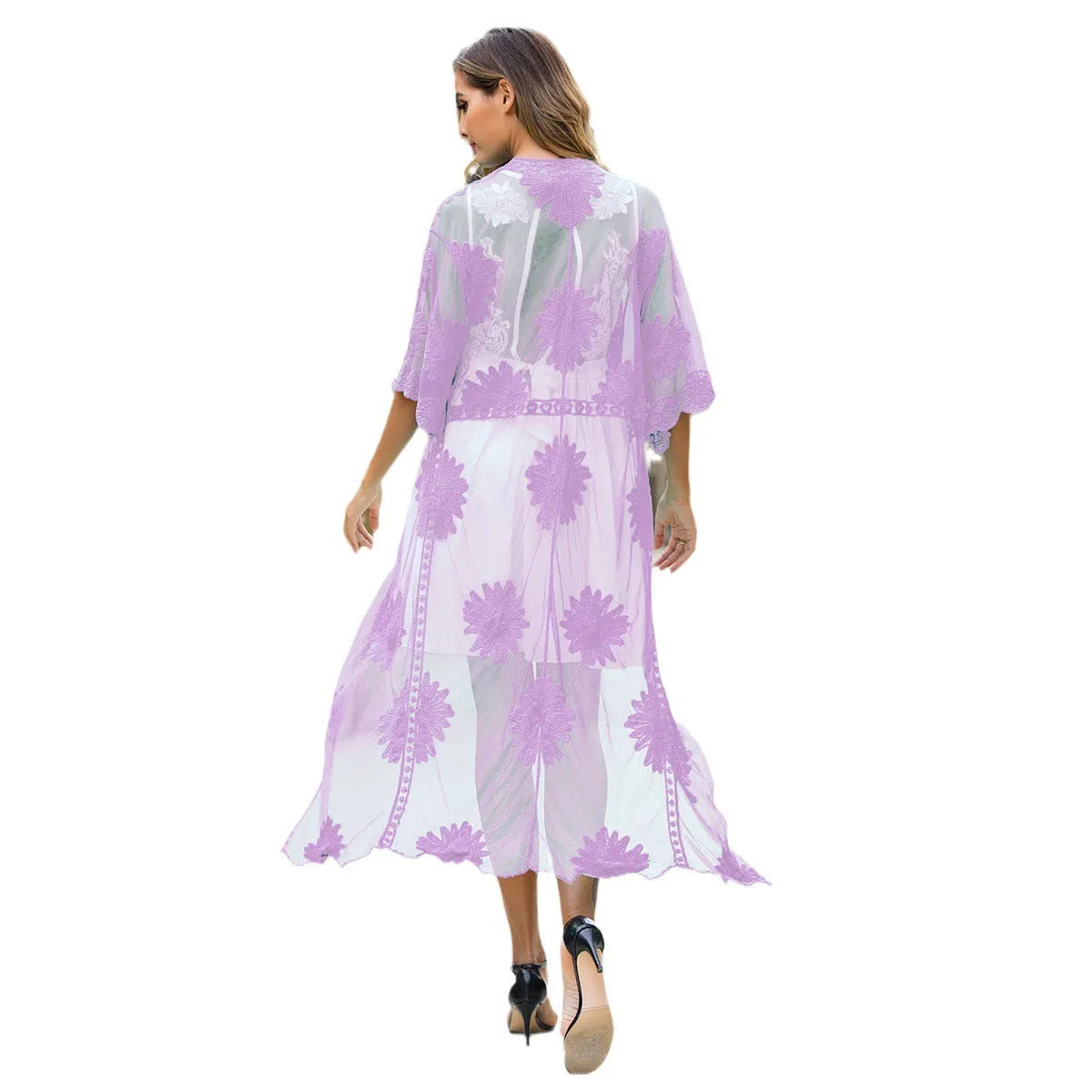 Light purple lace embroidery dress cardigan with cotton lining for beachwear