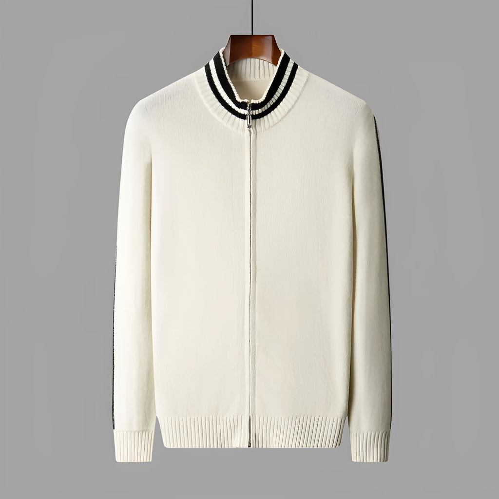 Men's half-high collar striped knitted cardigan sweater in white, front view showing slim fit and all-matching pattern
