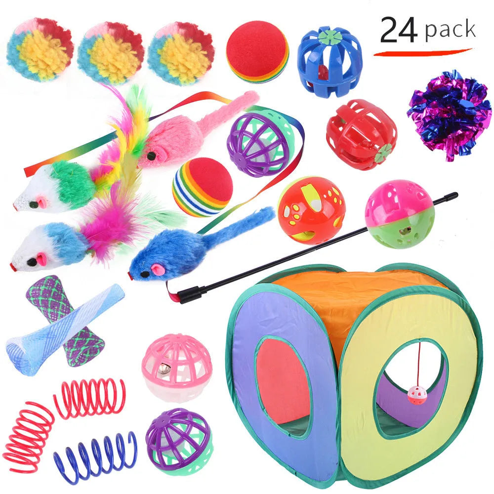 Plastic cat channel tunnel toy set showing single and double layer designs