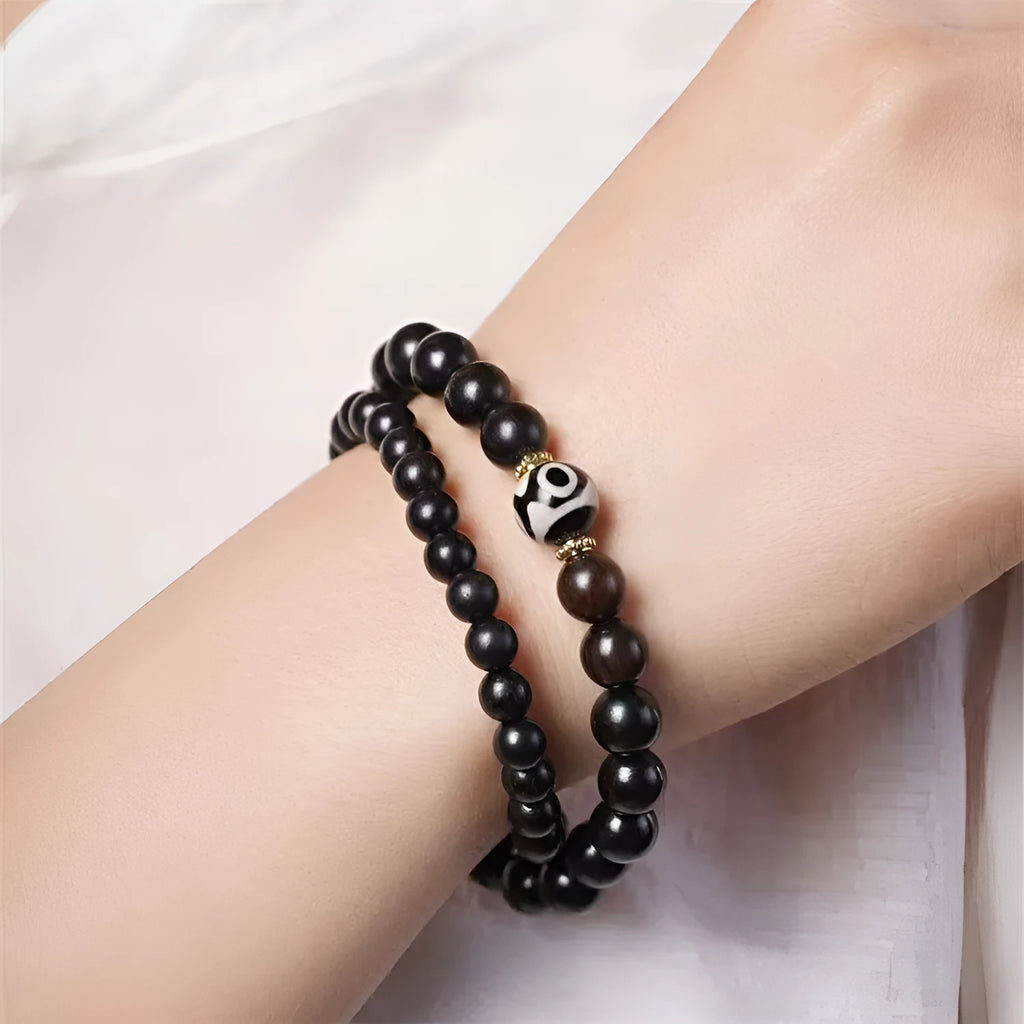 Ebony wood bracelet with 8mm beads in two-circle pattern, retro Tibetan design