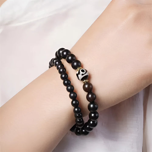 Ebony wood bracelet with 8mm beads in two-circle pattern, retro Tibetan design