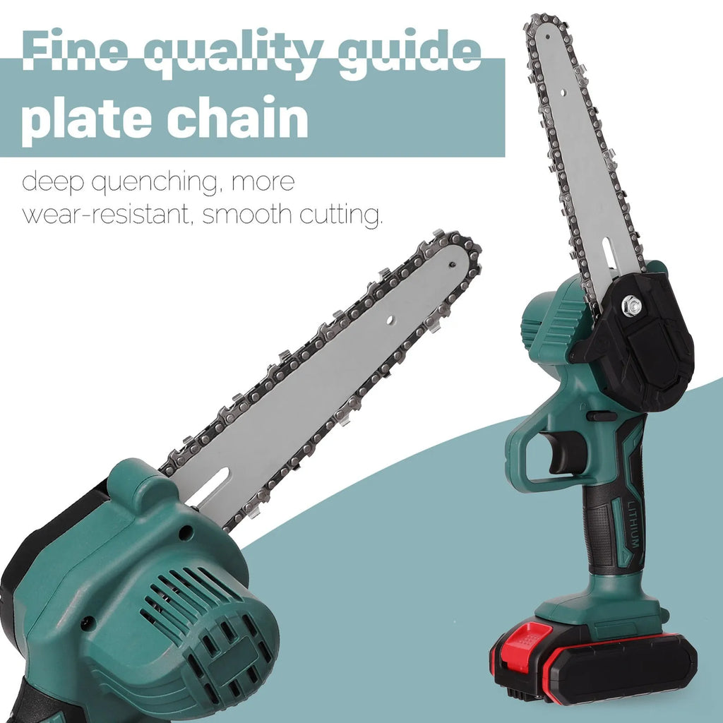Green mini electric chainsaw with a 4-inch bar held in one hand, showing its compact and lightweight design.