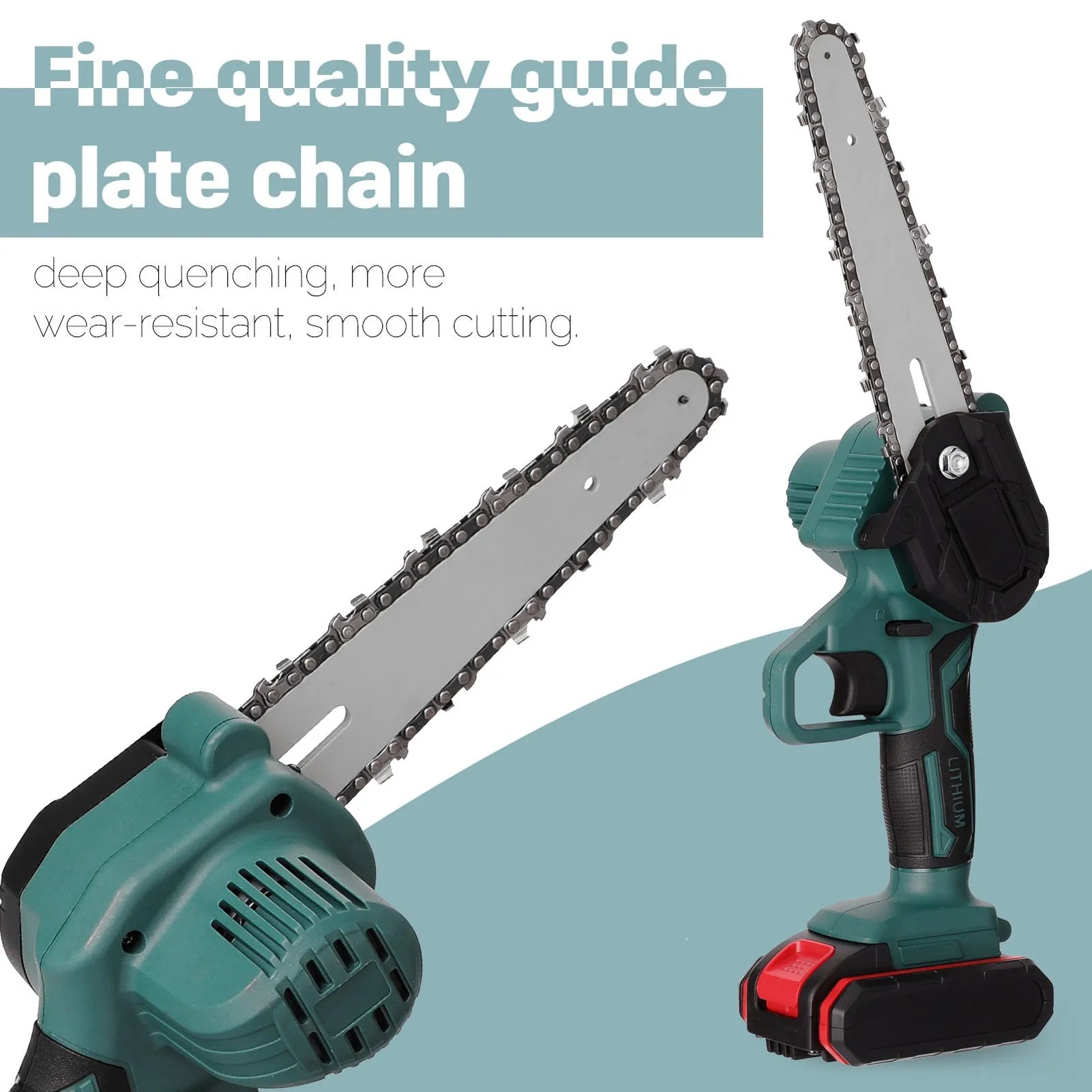 Green mini electric chainsaw with a 4-inch bar held in one hand, showing its compact and lightweight design.