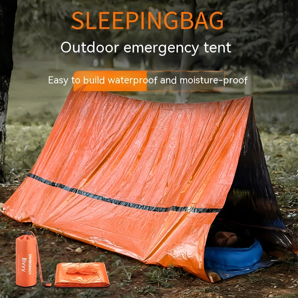 Orange portable disaster relief roof tent with emergency blanket, dimensions 240cm by 150cm