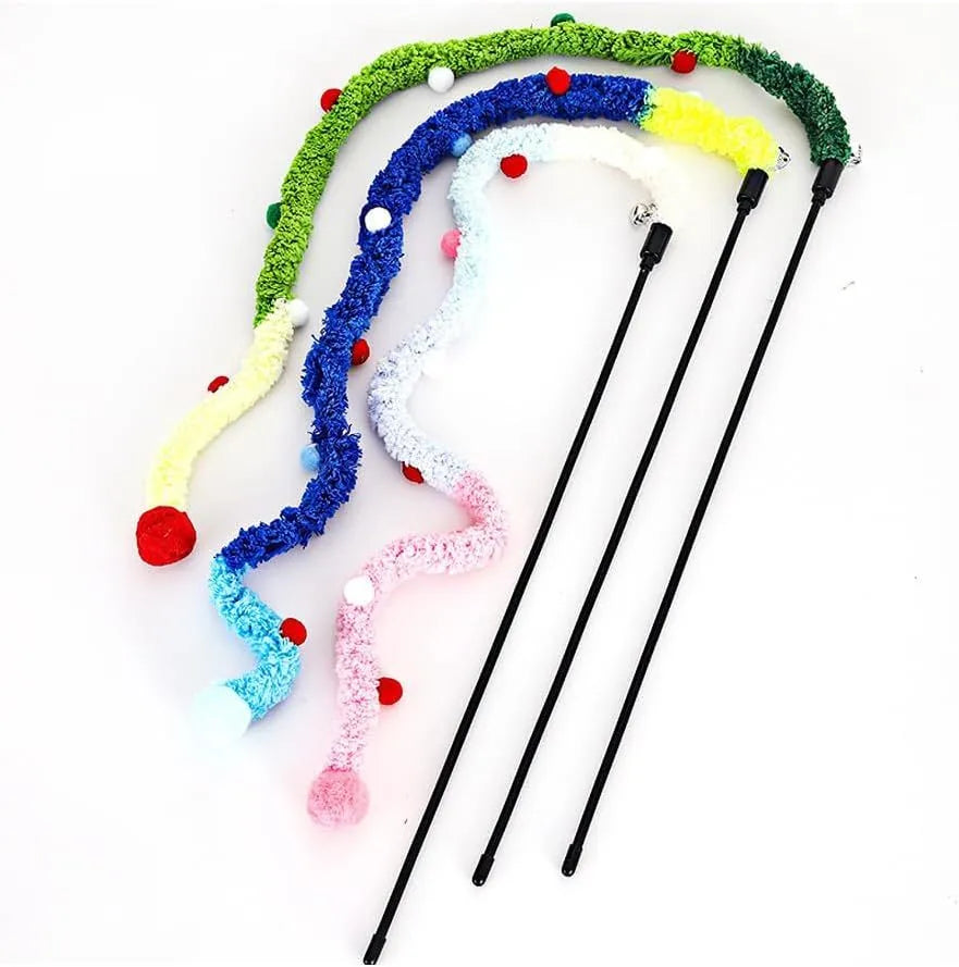 Interactive cat toy wand with colourful plush strip and bell attachment for indoor cat play