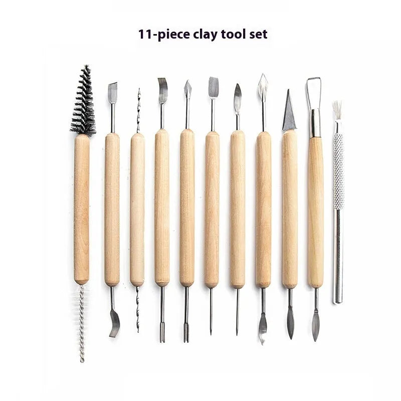 11 piece pottery clay tools set with wooden handles and stainless steel blades