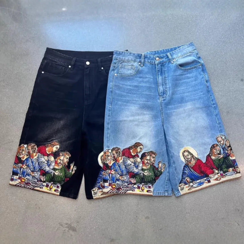 Men's blue cotton shorts with Jesus printed back pocket in tapered casual design