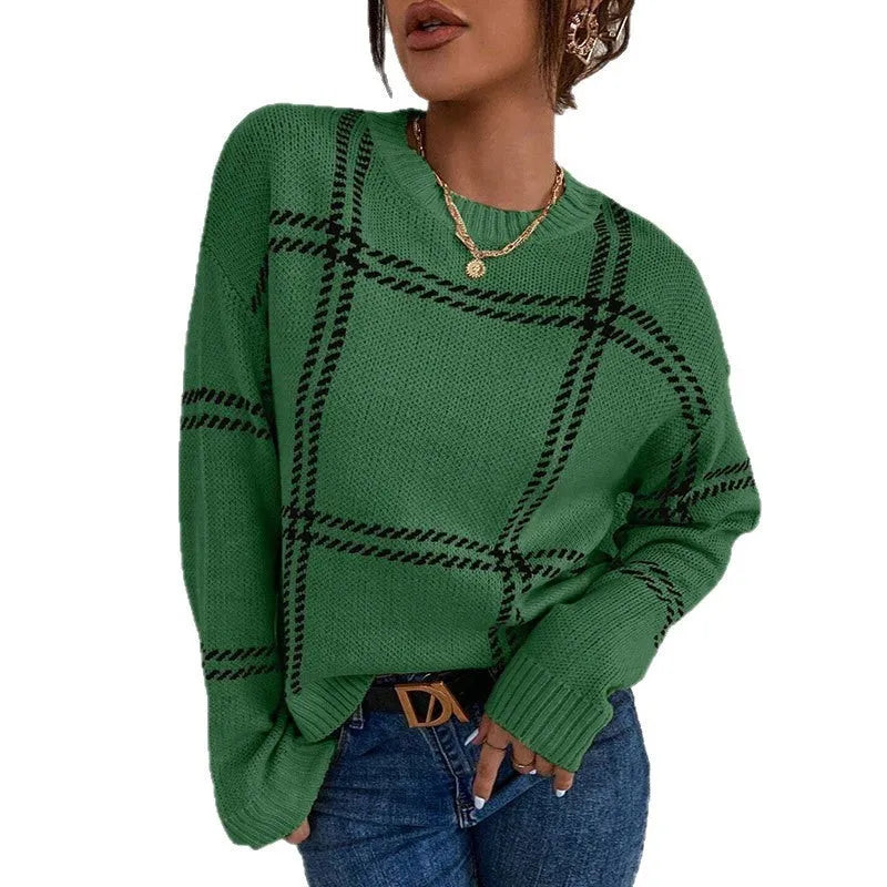 Women's plaid colour-block crew neck acrylic pullover sweater in loose fit