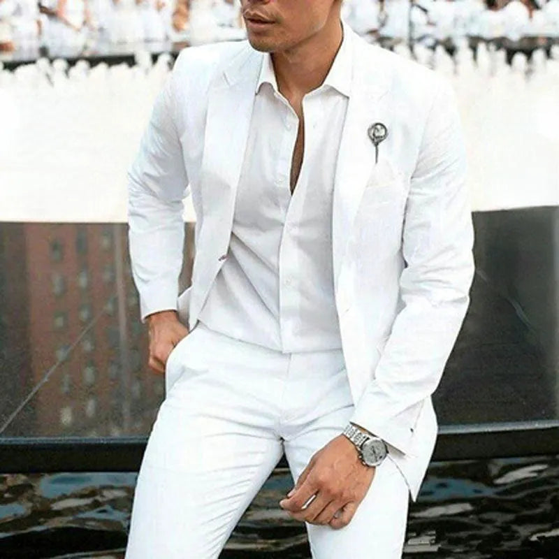 Men's white two-piece slim fit wedding suit with jacket and trousers for groomsman attire