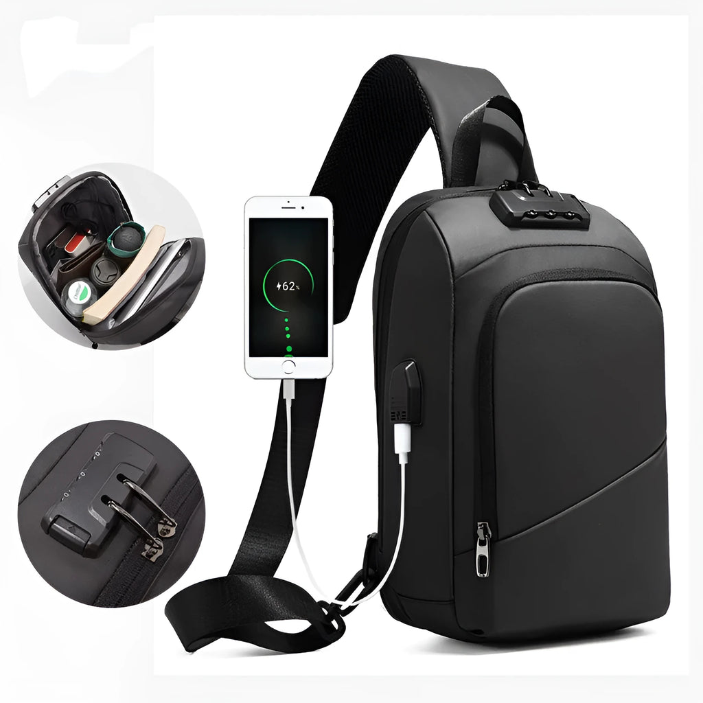 Black anti-theft lock chest bag with USB charging port, medium square shape, Polyamide fibre material