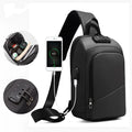 Black anti-theft lock chest bag with USB charging port, medium square shape, Polyamide fibre material