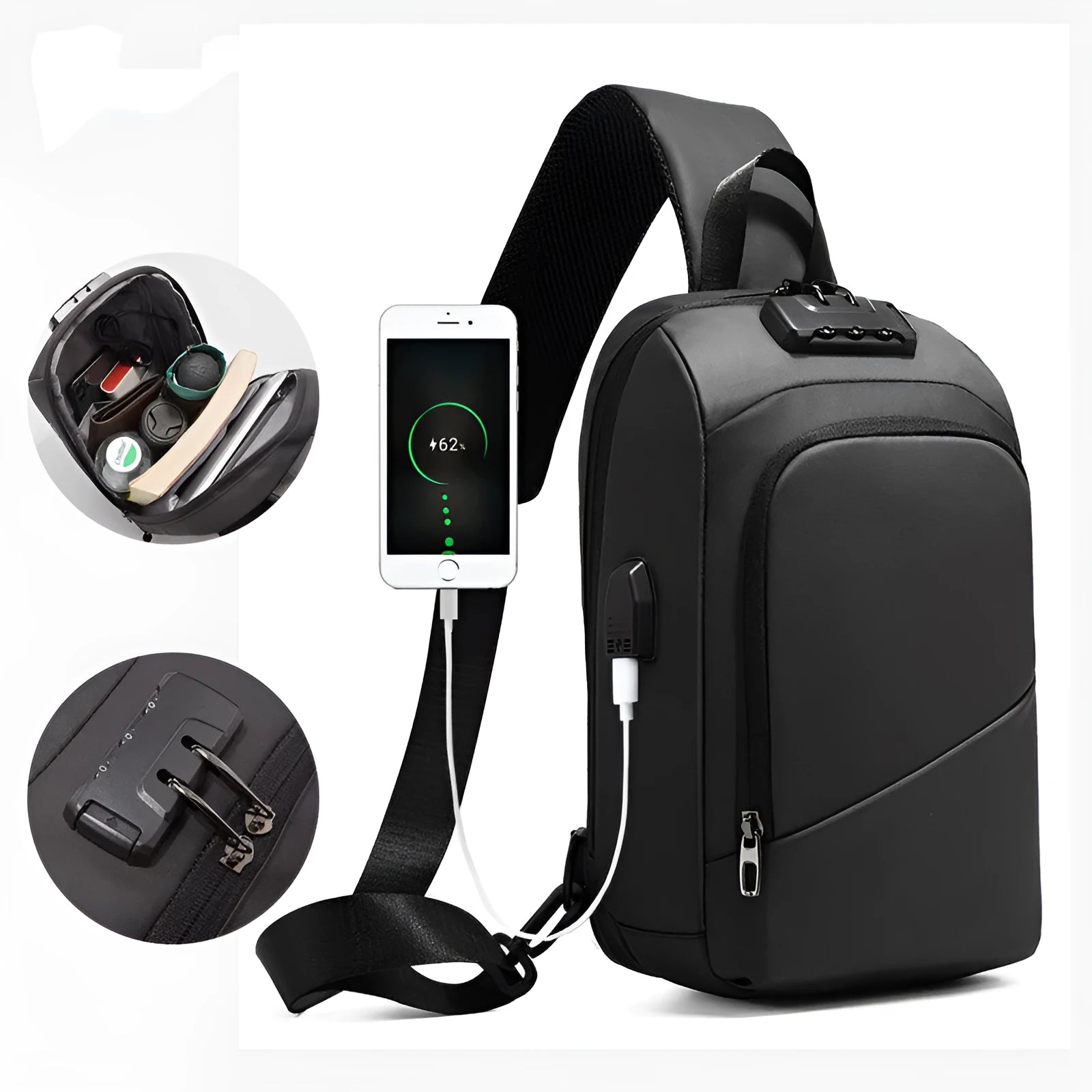 Black anti-theft lock chest bag with USB charging port, medium square shape, Polyamide fibre material