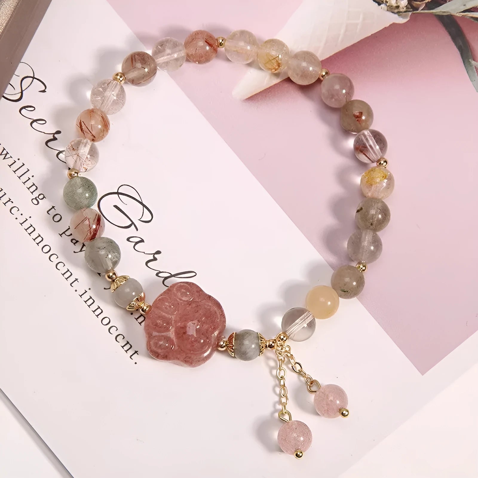 Coloured hair crystal bracelet with single circle design and chosen charm: cat's paw, purse, flower, or zircon butterfly
