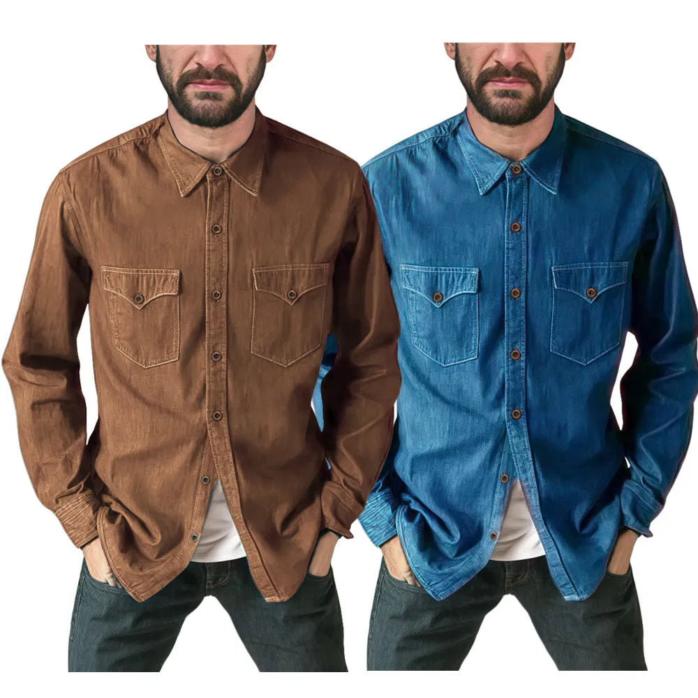A khaki cotton denim cardigan coat hanging, showing its open front and regular fit.
