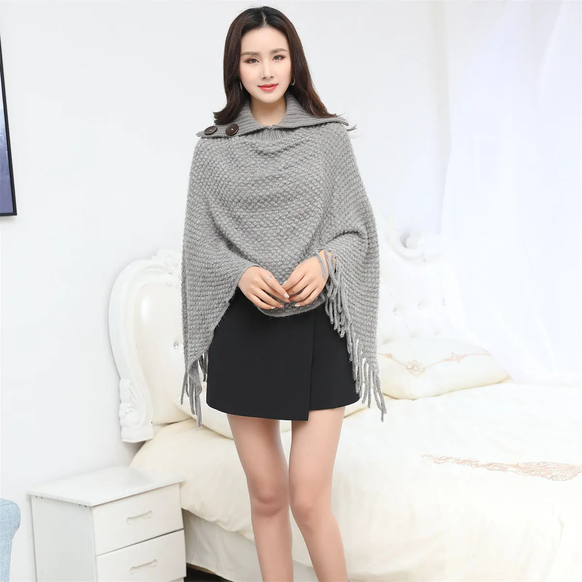Warm sleeveless cloak knitwear with dots pattern in khaki colour, free size, acrylic fibre