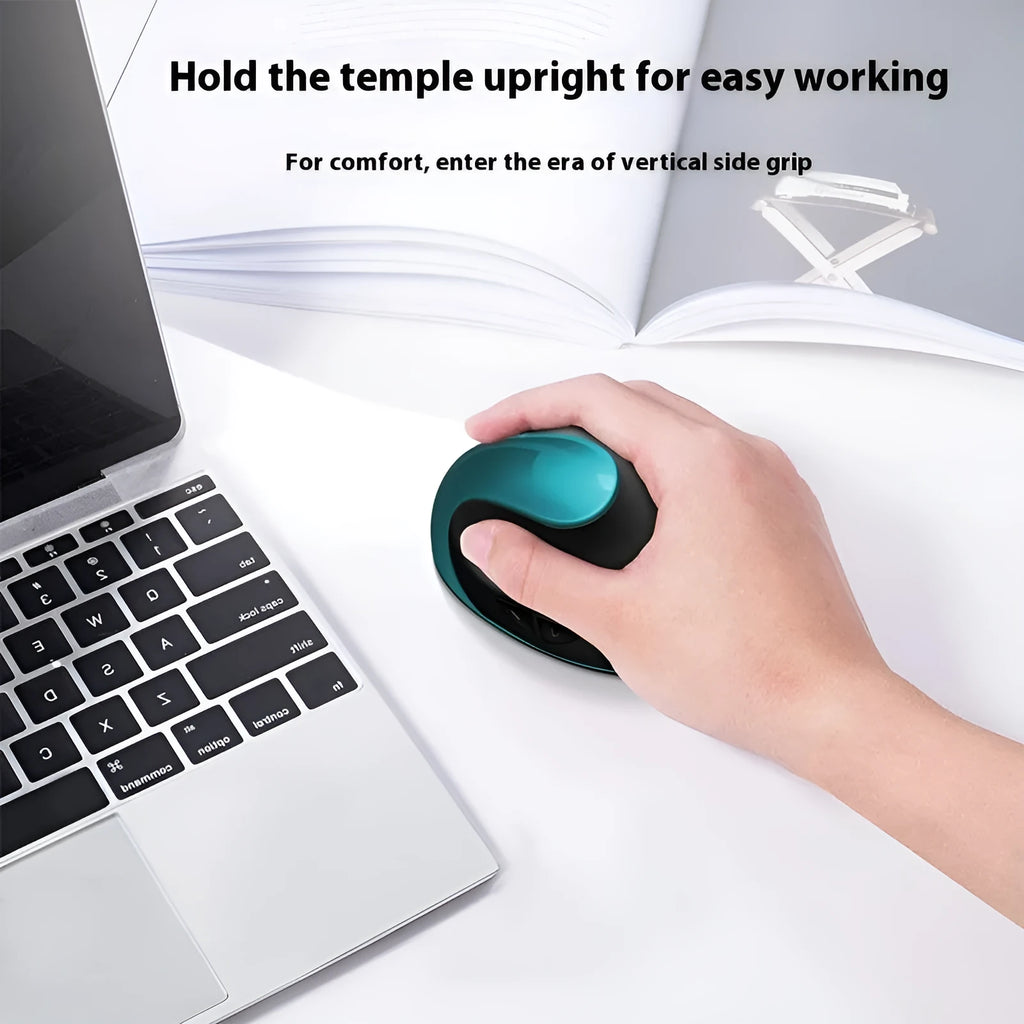 A vertical ergonomic computer mouse shown in multiple colour options including black, blue, red, and purple.