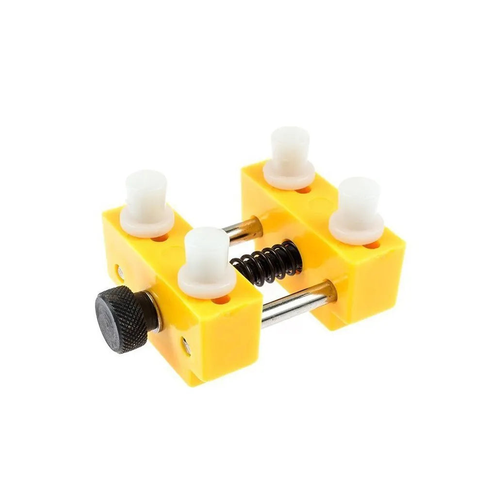 Yellow plastic watch case opener repair tool set with fixing base and four pillars