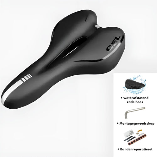 Soft silicone bicycle saddle cushion with waterproof cover, wrench, and tyre patch kit.