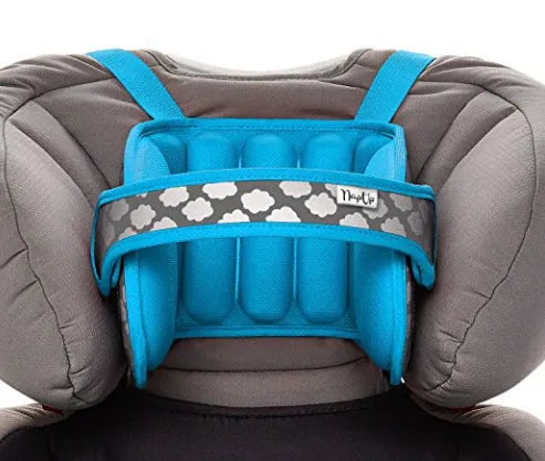 Blue child fixed sleeping pillow with cloth fabric and cotton filling for car, train, and airplane travel
