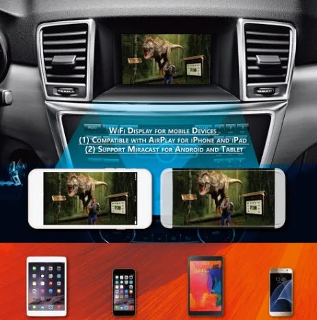 Black car mirror link box with Wi-Fi converter, power cable, antenna, AV cable, and user manual.