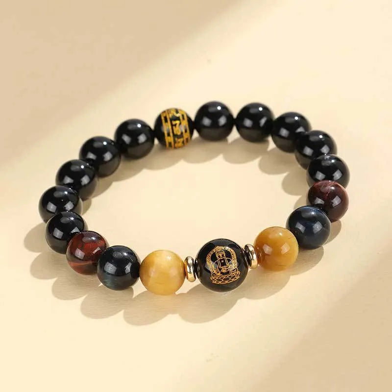 Black agate zodiac animal beaded bracelet with gold, blue and red tiger eye stones