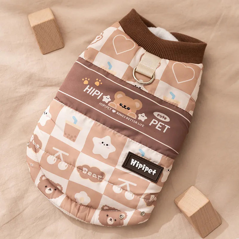Quilted cotton-padded pet vest with integrated leash ring, retro bear or geometric print, brown or orange